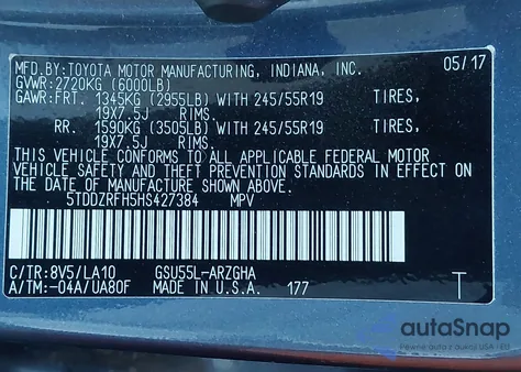 2017 Toyota Highlander Limited из США, поврежденный, VIN 5TDDZRFH5HS427384